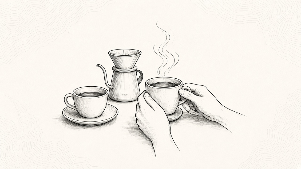 Charcoal ink drawing of a café table with two steaming coffee cups, a gooseneck kettle, and a pastry on textured off-white paper with faint topographic lines.