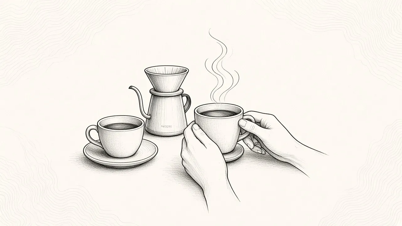 Charcoal ink drawing of a café table with two steaming coffee cups, a gooseneck kettle, and a pastry on textured off-white paper with faint topographic lines.