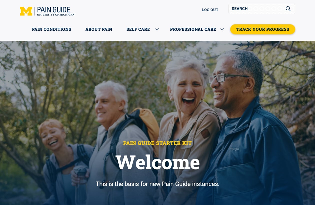 The Pain Guide starter kit home page. A header with the Pain Guide and University of Michigan logo, navigation (Pain Conditions, About Pain, Self Care, Professional Care), a search field, and a yellow Track Your Progress button sits above a full-width photo of four smiling older adults hiking. Over the photo, white text reads Welcome, with the line This is the basis for new Pain Guide instances.