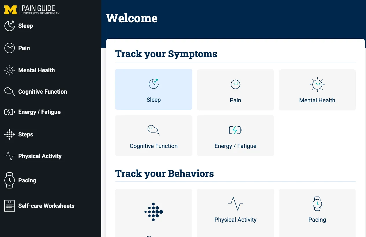 The Pain Guide symptom tracker start screen: a sidebar of tracking categories and a Welcome panel with icon tiles for symptoms (sleep, pain, mental health, cognitive function, energy and fatigue) and behaviors (steps, physical activity, pacing).