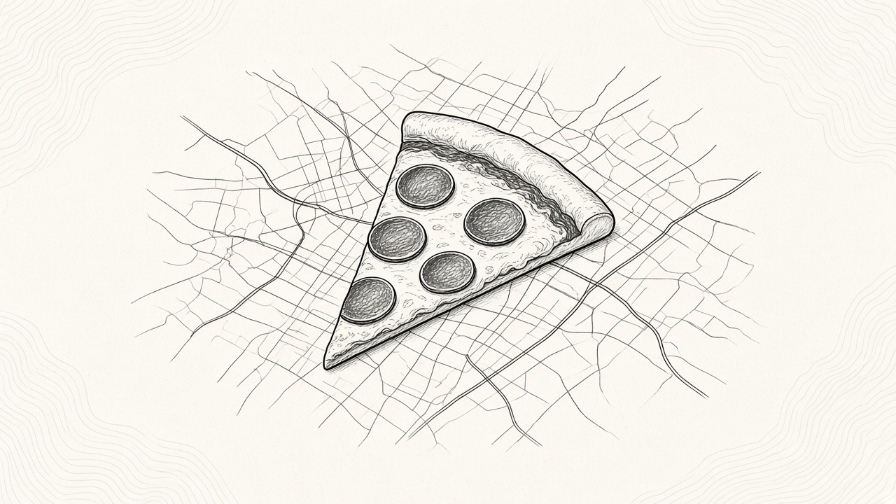 Charcoal ink drawing of a pepperoni pizza slice resting on a faint neighborhood street map with a simple location pin, on textured off-white paper.