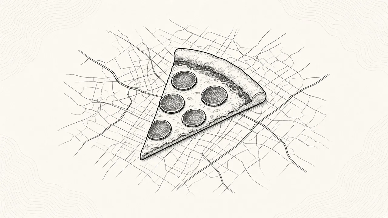 Charcoal ink drawing of a pepperoni pizza slice resting on a faint neighborhood street map with a simple location pin, on textured off-white paper.