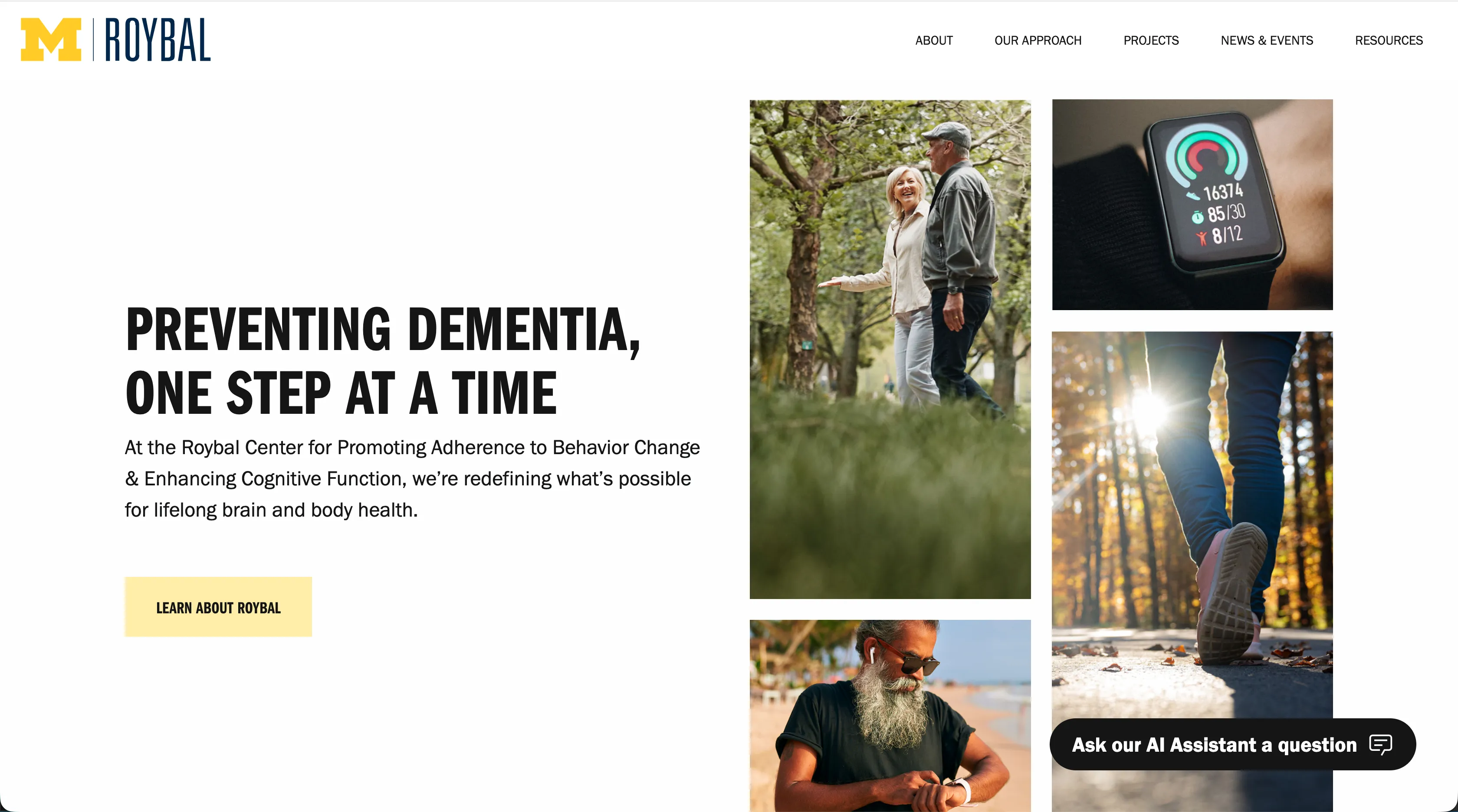 Roybal Center homepage with the headline “Preventing dementia, one step at a time,” a mosaic of older adults walking and checking a fitness watch, and a floating “Ask our AI Assistant a question” chat button.