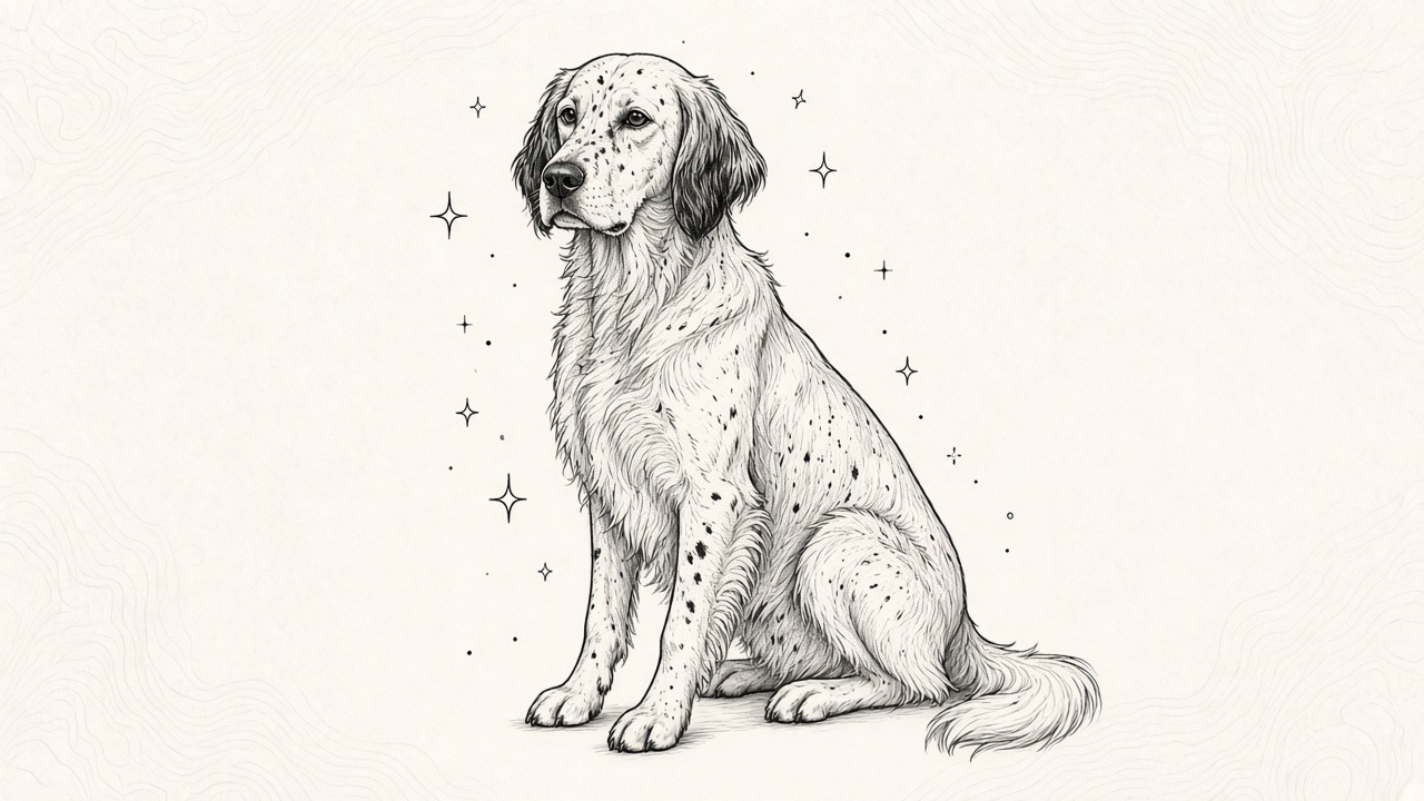 Charcoal ink drawing of an English setter sitting in three-quarter view, long-haired with feathered ears and tail, surrounded by small four-pointed sparkles, on textured off-white paper with faint topographic lines.