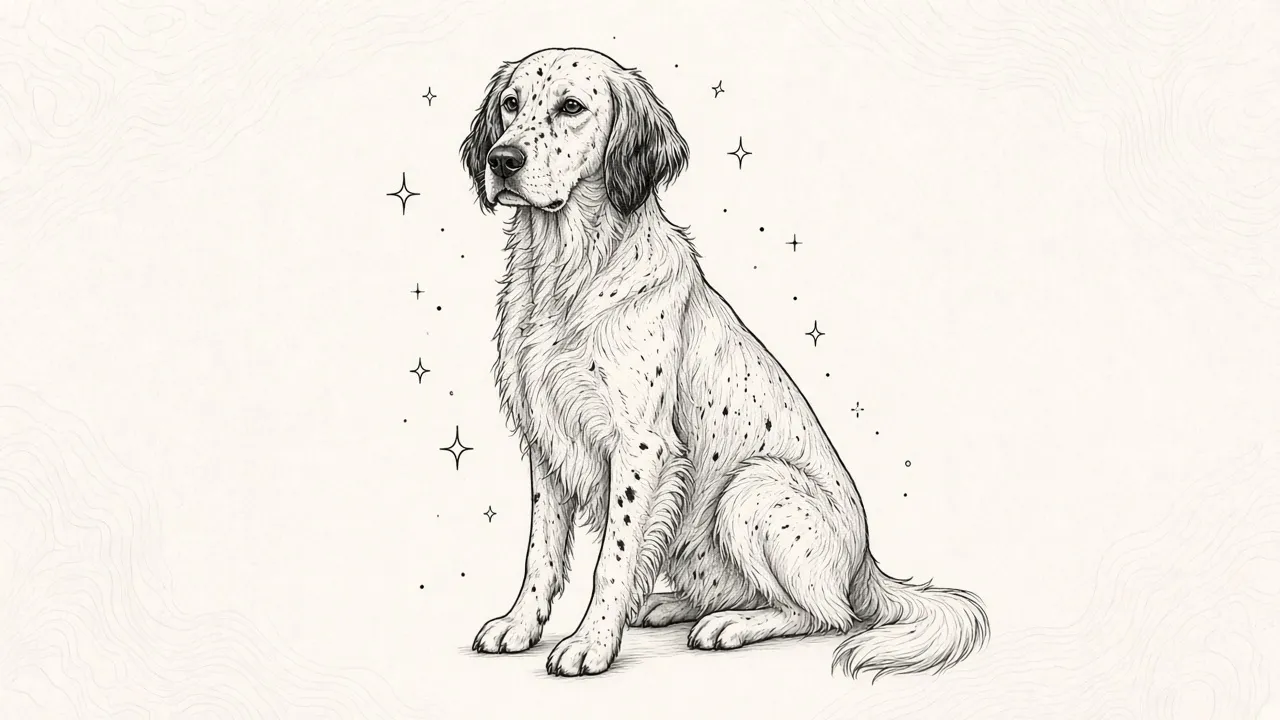 Charcoal ink drawing of an English setter sitting in three-quarter view, long-haired with feathered ears and tail, surrounded by small four-pointed sparkles, on textured off-white paper with faint topographic lines.