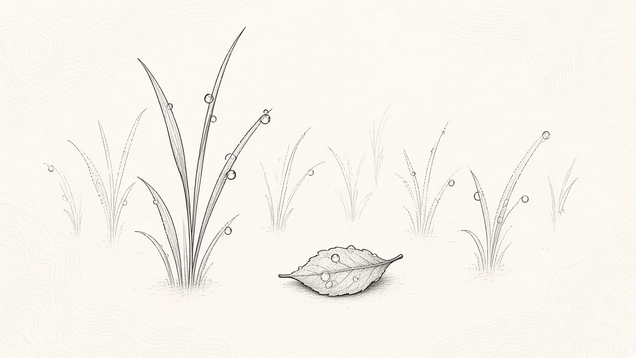 Charcoal ink drawing of grass blades and a leaf beaded with dew droplets, some fading as if vanishing, on textured off-white paper with faint topographic lines.