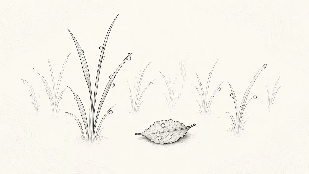 Charcoal ink drawing of grass blades and a leaf beaded with dew droplets, some fading as if vanishing, on textured off-white paper with faint topographic lines.